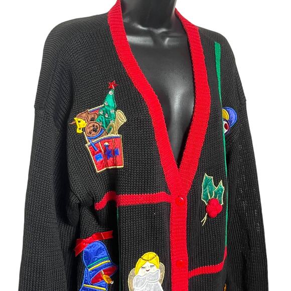 VTG CHRISTMAS CARDIGAN SWEATER 80s 90s GRANDMA COTTAGE PARTY WORK IN PROGRESS M - Picture 2 of 4